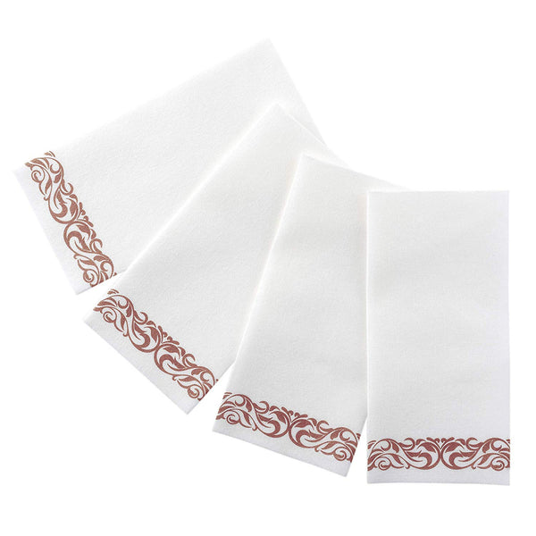 BloominGoods Disposable Dinner Napkins & Decorative Bathroom Paper Hand Towels | Soft and Absorbent Linen-Feel Guest Towels for Parties, Weddings, Dinners, Events | White, Rose Gold (100-Pack)