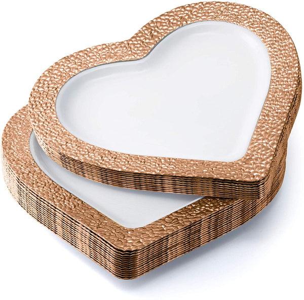 BloominGoods - Disposable Plastic Plates, White with ROSE GOLD HAMMERED - 8" HEART Dessert Plate (50-Pack)