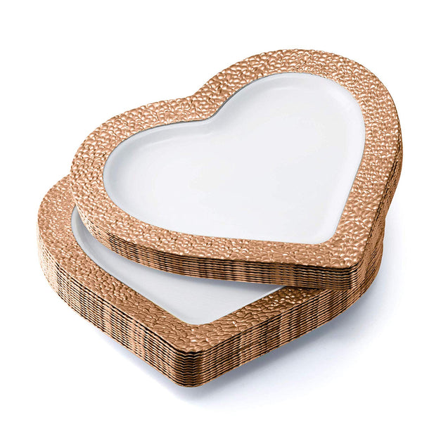 BloominGoods - Disposable Plastic plates, White with ROSE GOLD HAMMERED - 10" HEART Dinner Plates (50-Pack)