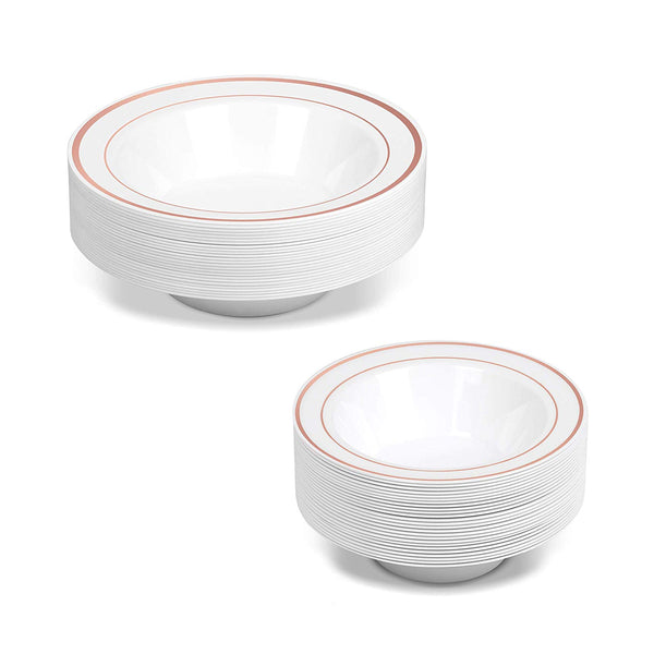 50 Disposable White Rose Gold Rimmed Heavy Duty Plastic Bowls | 25 14 oz. Soup Bowls and 25 6 oz. Dessert/Appetizer Bowls | Premium Combo Disposable Dinnerware Set | Great for Parties