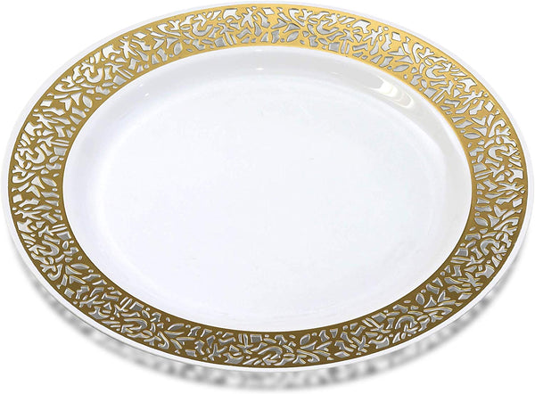 BloominGoods - Disposable Plastic plates, White with GOLD LACE - 7.5" Dessert Plate (50-pack)