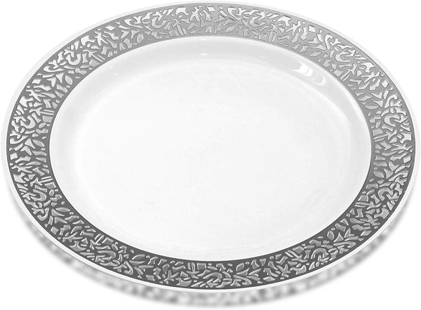 BloominGoods - Disposable Plastic plates, White with SILVER LACE - 7.5" Dessert Plate (50-pack)