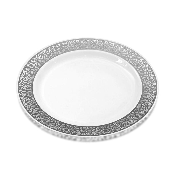 BloominGoods - Disposable Plastic plates, White with SILVER LACE - 10.25" Dinner Plates (50-pack)