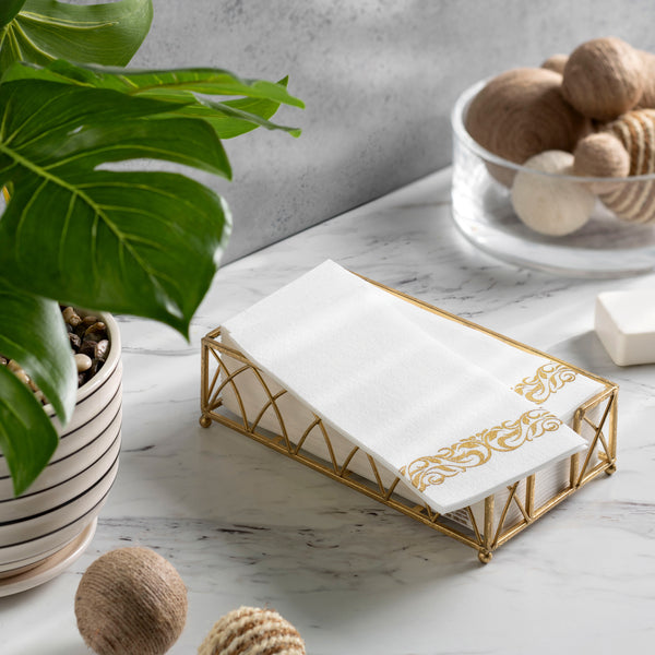 BloominGoods Disposable Dinner Napkins & Decorative Bathroom Paper Hand Towels | Soft and Absorbent Linen-Feel Guest Towels for Kitchen, Parties, Weddings, Dinners, Events | White and Gold (100-Pack)
