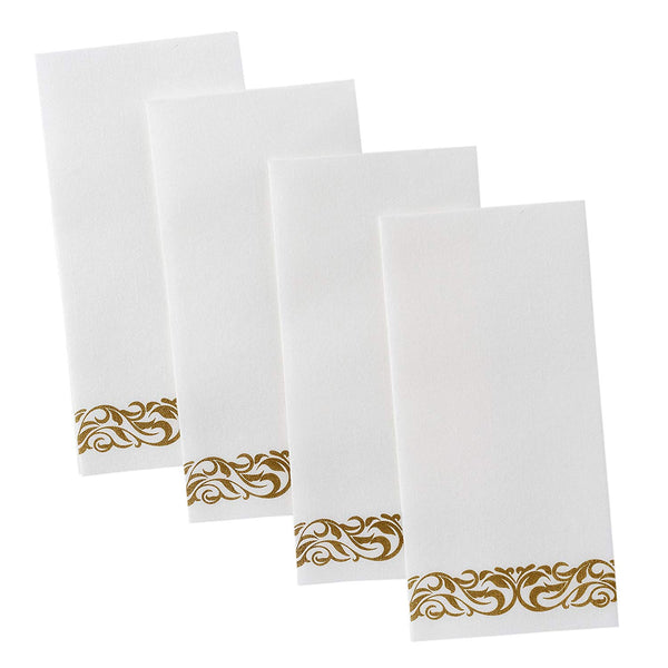 BloominGoods Disposable Linen-Feel Guest Towels - Decorative White Hand Towels, Gold Floral Cloth-Like Paper Napkins - Case of 1000 (Bulk Packaging)