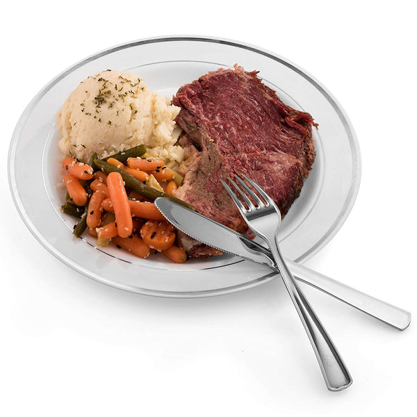 BloominGoods - Disposable Plastic plates, White with SILVER Rim - 10.25" Dinner Plates (100-pack)