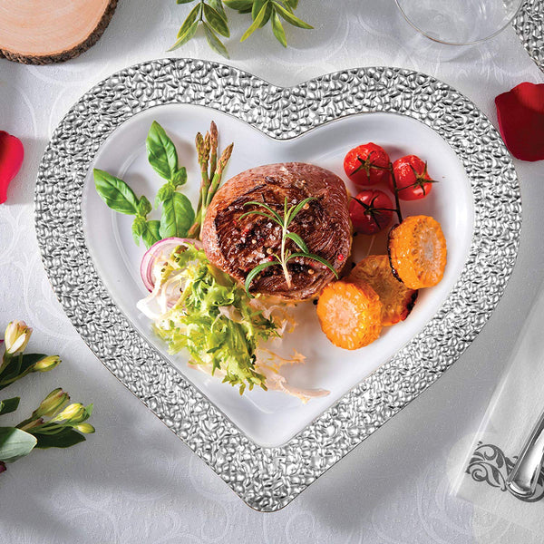 BloominGoods - Disposable Plastic plates, White with SILVER HAMMERED - 10" HEART Dinner Plates (50-Pack)