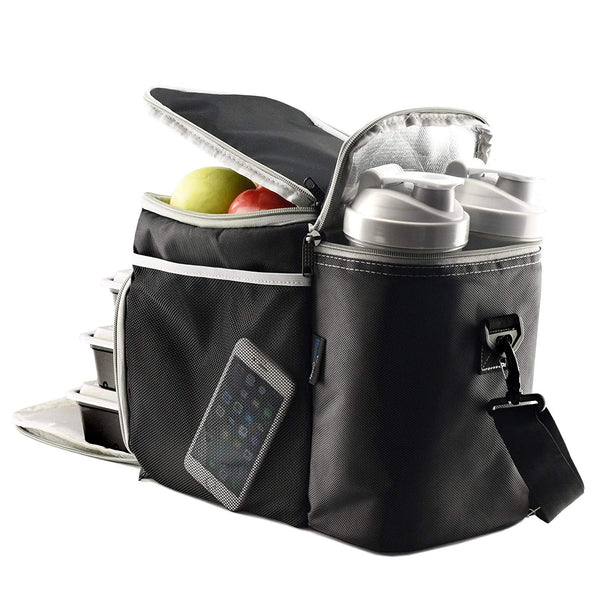 Insulated Lunch Bag with 3 Disposable Meal Prep Containers, 2 Shaker Bottles (28oz) and Reusable Ice Packs, Convenient Multi-Compartment System + Portion Control Kit for Your Daily Meal Plan
