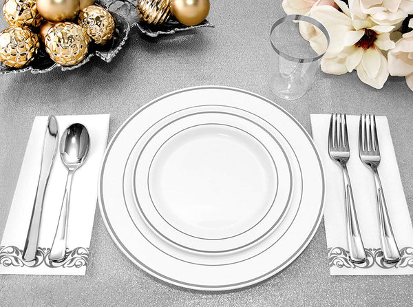 25 Guest Disposable Silver Dinnerware Set | Heavy Duty Plastic Plates, Cups, Silverware & Napkins. 50 Forks, 25 Spoons, 25 Knives, 25 Dinner Plates, 25 Dessert Plates & 25 Cups | Bonus 50 Guest Towels