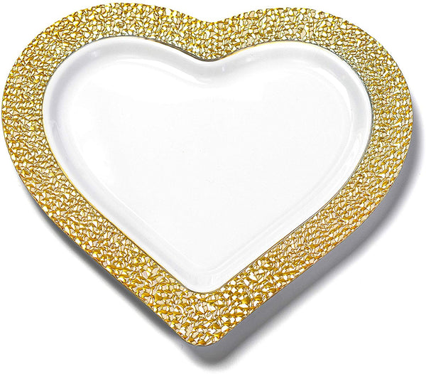 BloominGoods - Disposable Plastic Plates, White with GOLD HAMMERED - 8" HEART Dessert Plate (25-Pack)