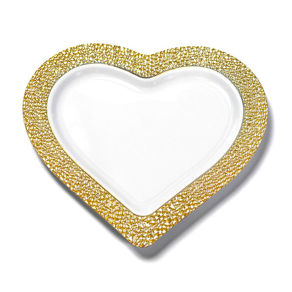 BloominGoods - Disposable Plastic Plates, White with GOLD HAMMERED - 8" HEART Dessert Plate (50-Pack)