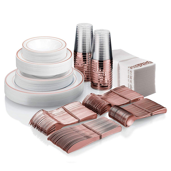25 Guest Disposable Rose Gold Dinnerware Set | Heavy Duty Plastic Plates, Cups & Silverware | 50 Forks, 25 Spoons, 25 Dessert Spoons, 25 Knives, 25 Dinner Plates, 25 Dessert Plates, 25 Soup Bowls