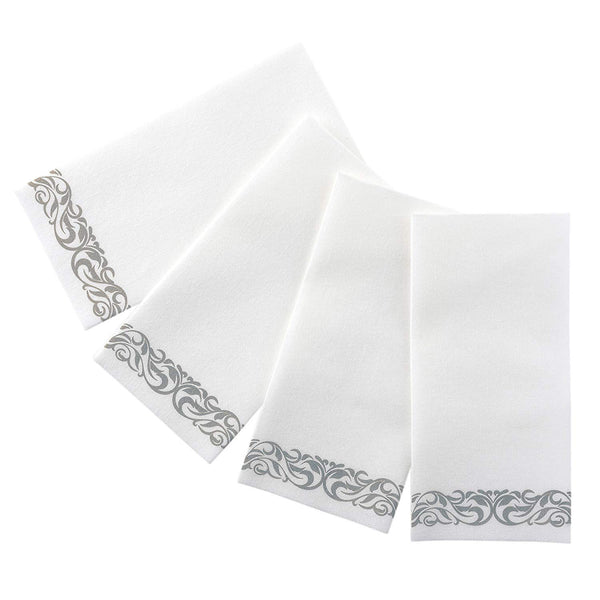 Bloomingoods Disposable Linen-Feel Guest Towels - Decorative White Hand Towels, Silver Floral Cloth-Like Paper Napkins - Case of 1000 (Bulk Packaging)