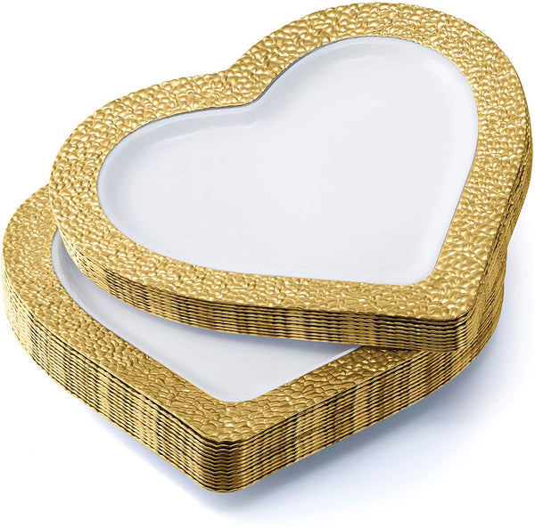 BloominGoods - Disposable Plastic Plates, White with GOLD HAMMERED - 8" HEART Dessert Plate (25-Pack)
