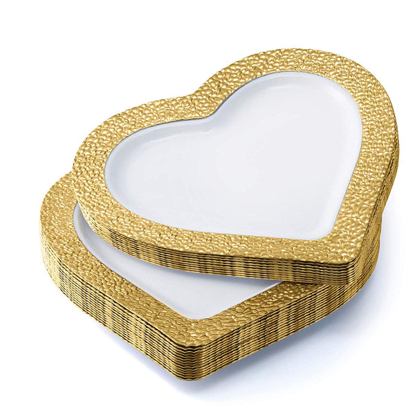 BloominGoods - Disposable Plastic Plates, White with GOLD HAMMERED - 8" HEART Dessert Plate (50-Pack)