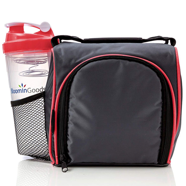 Meal Prep Bag, Lunch Box with Leakproof Portion Control Container Set, Reusable Ice Pack, Shaker Bottle and Vitamin Pocket for Healthy Meals All Day (Red) by Bloomingoods