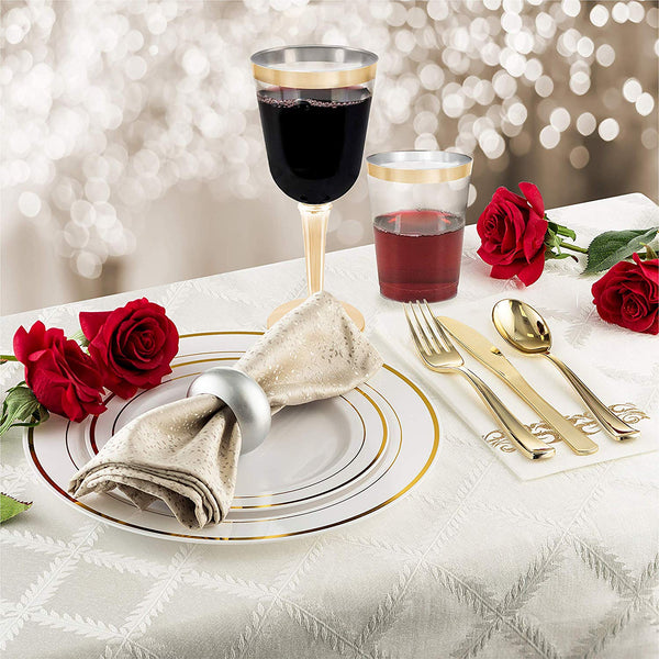 50 Gold Rimmed Disposable Plastic Wine Glasses | Large 10 oz. Premium Clear Hard Plastic Fancy Wine Cups for Weddings & Events (50-Pack) by BloominGoods