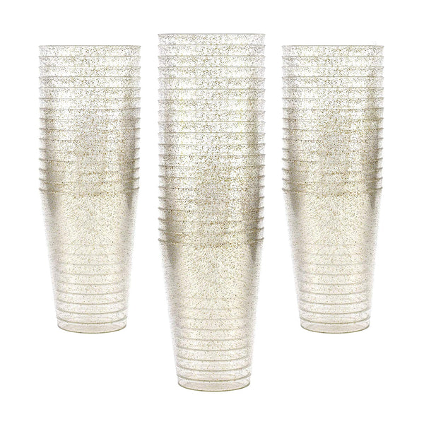 50 Gold Glitter Clear Hard Plastic Cups | 10 oz. Fancy Disposable Tumblers (50-Pack) by Bloomingoods