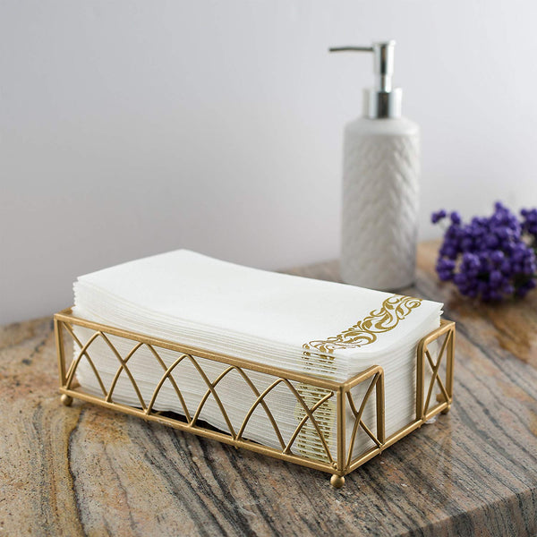 BloominGoods Disposable Linen-Feel Guest Towels - Decorative White Hand Towels, Gold Floral Cloth-Like Paper Napkins - Case of 1000 (Bulk Packaging)