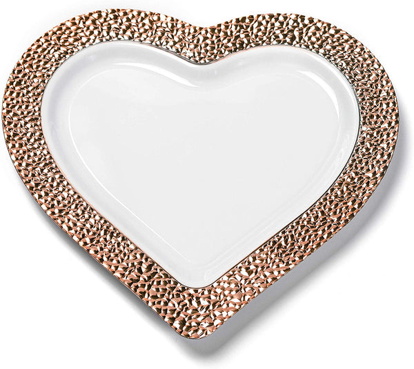 BloominGoods - Disposable Plastic Plates, White with ROSE GOLD HAMMERED - 8" HEART Dessert Plate (25-Pack)