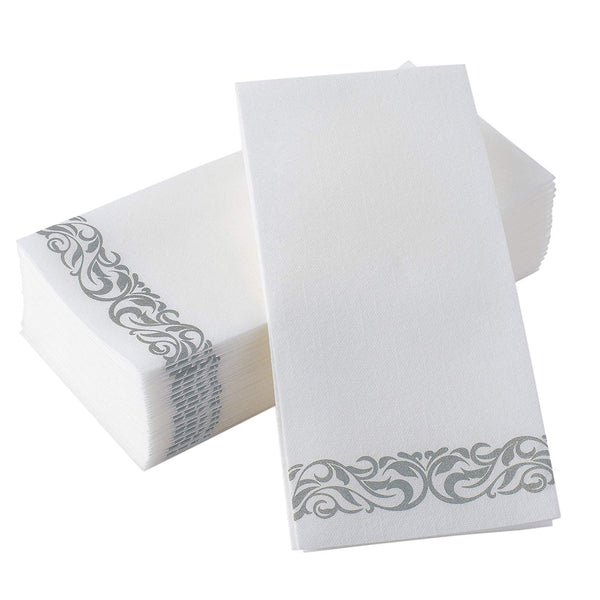 Bloomingoods Disposable Linen-Feel Guest Towels - Decorative White Hand Towels, Silver Floral Cloth-Like Paper Napkins - Case of 1000 (Bulk Packaging)
