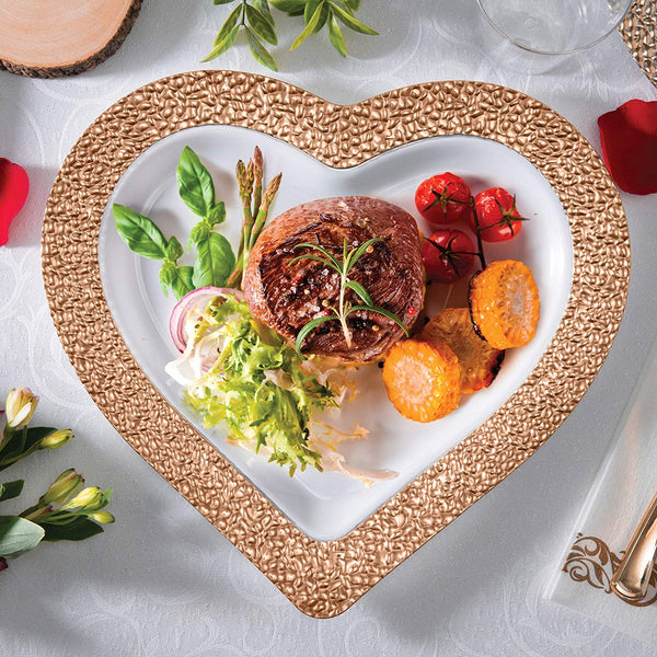 BloominGoods - Disposable Plastic plates, White with ROSE GOLD HAMMERED - 10" HEART Dinner Plates (50-Pack)