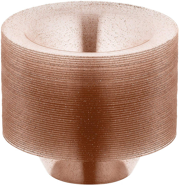 BloominGoods - Disposable Plastic plates, Clear with ROSE GOLD Glitter - 6-Ounce Dessert Bowls (50-pack)
