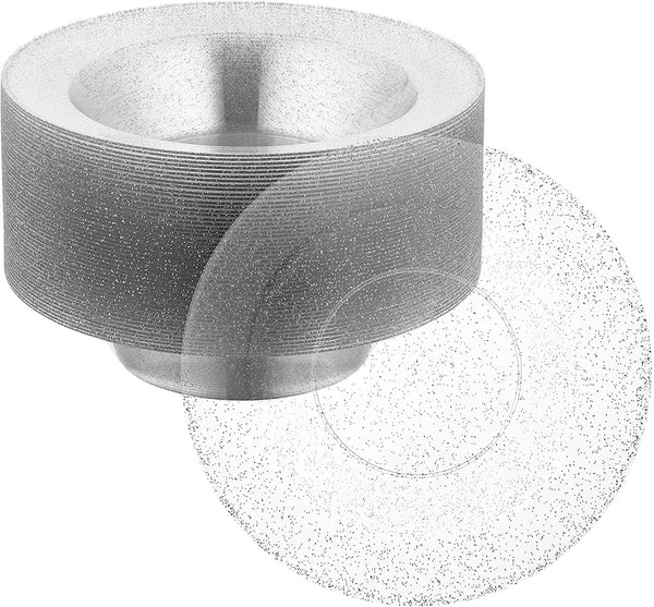 BloominGoods - Disposable Plastic plates, Clear with SILVER Glitter - 14-Ounce Soupe Bowls (50-pack)