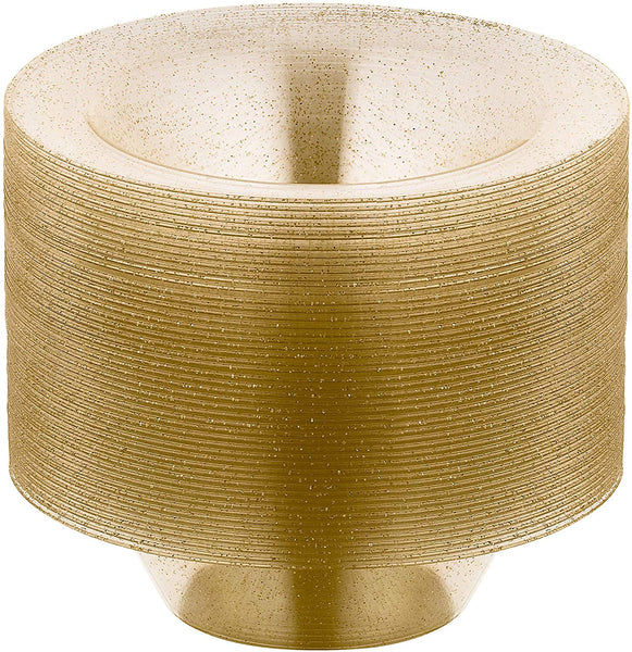 BloominGoods - Disposable Plastic plates, Clear with GOLD Glitter - 6-Ounce Dessert Bowls (50-pack)