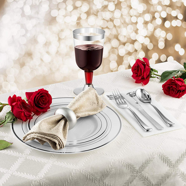 25 Guest Disposable Silver Dinnerware Set | Heavy Duty Plastic Plates, Cups, Silverware & Napkins. 50 Forks, 25 Spoons, 25 Knives, 25 Dinner Plates, 25 Dessert Plates & 25 Cups | Bonus 50 Guest Towels