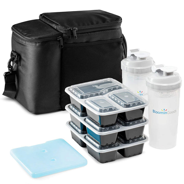 Insulated Lunch Bag with 3 Disposable Meal Prep Containers, 2 Shaker Bottles (28oz) and Reusable Ice Packs, Convenient Multi-Compartment System + Portion Control Kit for Your Daily Meal Plan (Black)