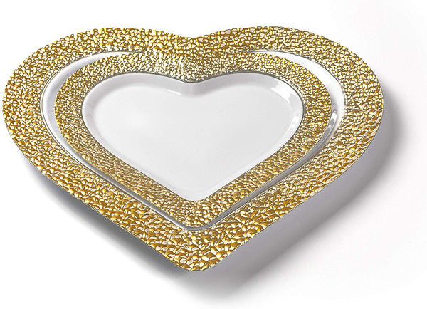 BloominGoods - Disposable Plastic Plates, White with GOLD HAMMERED - 8" HEART Dessert Plate (25-Pack)