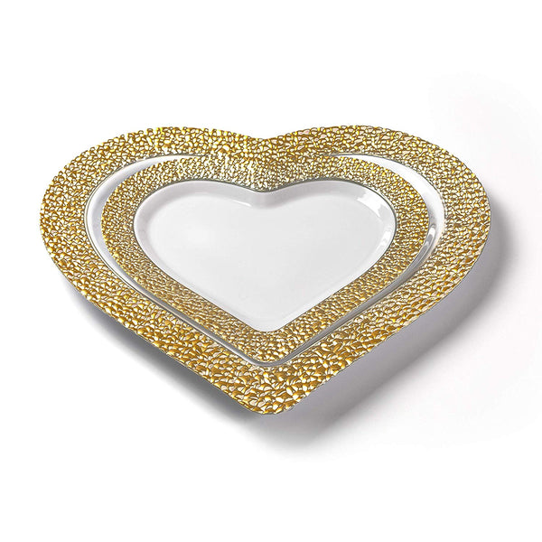 BloominGoods - Disposable Plastic Plates, White with GOLD HAMMERED - 8" HEART Dessert Plate (50-Pack)