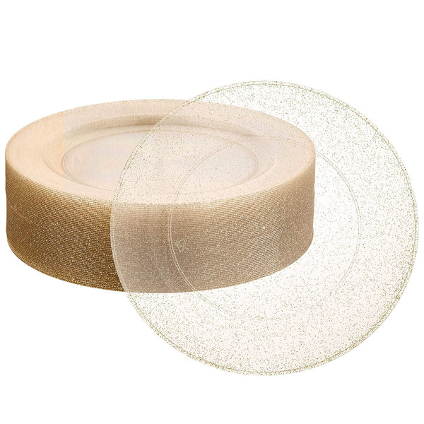 BloominGoods - Disposable Plastic plates, Clear with GOLD Glitter - 10.25" Dinner Plates (50-pack)