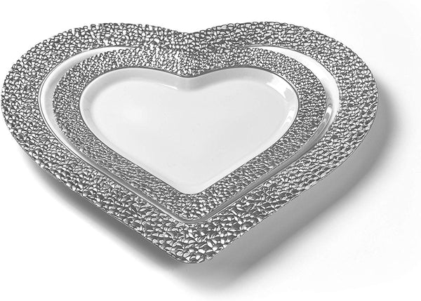 BloominGoods - Disposable Plastic Plates, White with SILVER HAMMERED - 8" HEART Dessert Plate (50-Pack)