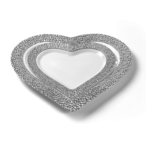 BloominGoods - Disposable Plastic plates, White with SILVER HAMMERED - 10" HEART Dinner Plates (50-Pack)