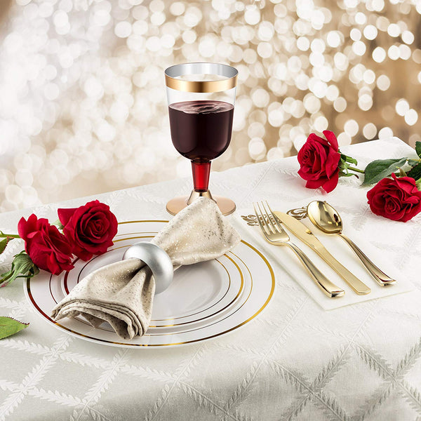 25 Guest Disposable Gold Dinnerware Set | Heavy Duty Plastic Plates, Cups & Silverware. | 50 Forks, 25 Spoons, 25 Knives, 25 Dinner Plates, 25 Dessert Plates & 25 Cups (175 pieces) Gold