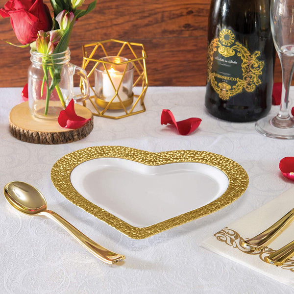 BloominGoods - Disposable Plastic Plates, White with GOLD HAMMERED - 8" HEART Dessert Plate (25-Pack)