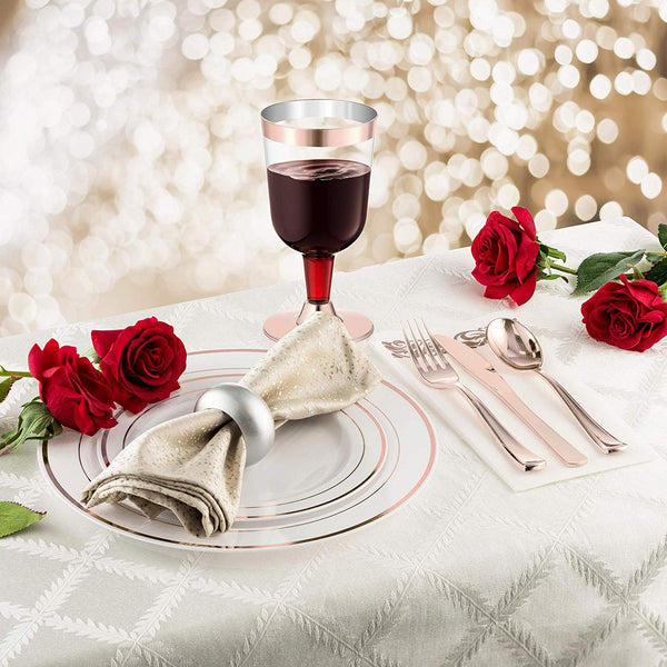25 Guest Disposable Rose Gold Dinnerware Set | Heavy Duty Plastic Plates, Cups, Silverware & Napkins. 50 Forks, 25 Spoons, 25 Knives, 25 Dinner Plates, 25 Dessert Plates, 25 Cups & 50 Guest Towels