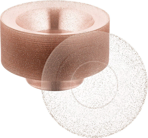 BloominGoods - Disposable Plastic plates, Clear with ROSE GOLD Glitter - 14-Ounce Soupe Bowls (50-pack)