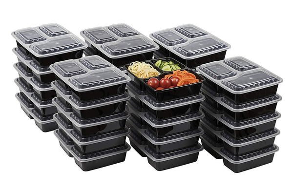 BloominGoods Meal Prep Containers | 3 Compartment Food Storage Container with Lids | Microwave, Dishwasher Safe, Reusable Portion Control Plates (30-Pack)