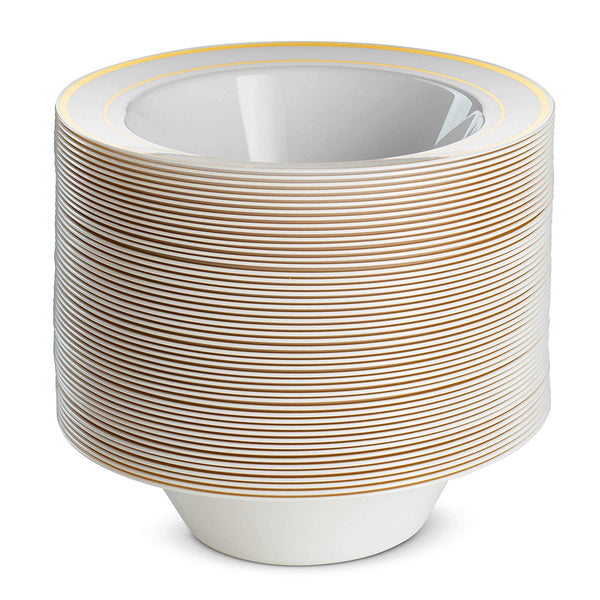 BloominGoods - Disposable Plastic plates, White with GOLD Rim - 14-Ounce Soupe Bowls (100-pack)