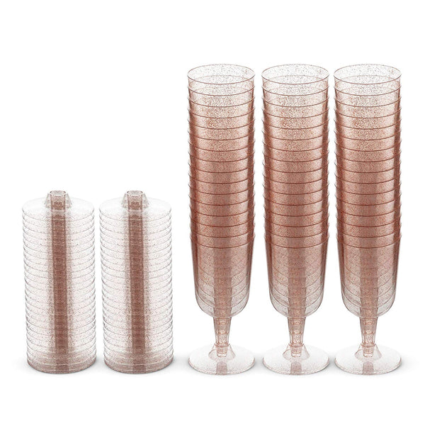 50 Rose Gold Glitter Disposable Wine Glasses | 7 oz. Clear Hard Plastic Fancy Cups for Parties & Weddings (50-Pack) by Bloomingoods