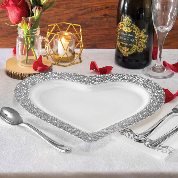 BloominGoods - Disposable Plastic plates, White with SILVER HAMMERED - 10" HEART Dinner Plates (50-Pack)