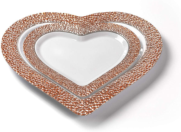 BloominGoods - Disposable Plastic Plates, White with ROSE GOLD HAMMERED - 8" HEART Dessert Plate (25-Pack)