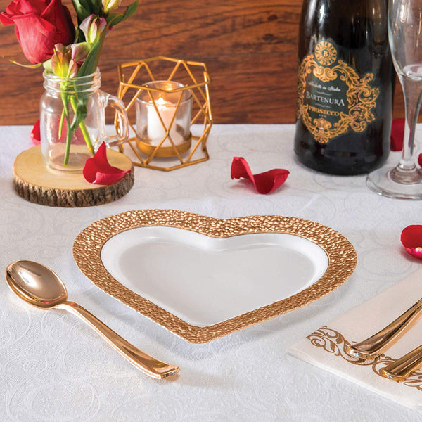 BloominGoods - Disposable Plastic Plates, White with ROSE GOLD HAMMERED - 8" HEART Dessert Plate (25-Pack)