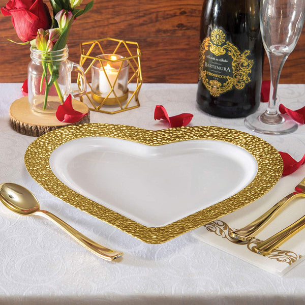 BloominGoods - Disposable Plastic plates, White with GOLD HAMMERED - 10" HEART Dinner Plates (25-Pack)