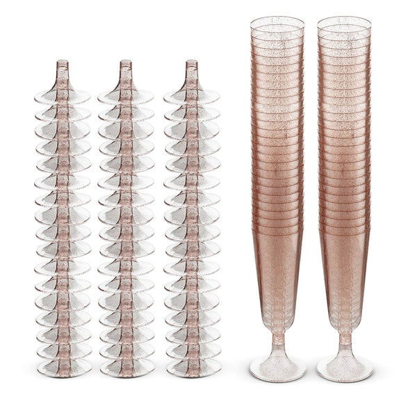 50 Plastic Rose Gold Glittered Champagne Flutes | 5.5 oz. Clear Hard Disposable Party & Wedding Cups | Premium Heavy Duty Fancy Toasting Glasses (50-Pack) Rose Gold Glitter by Bloomingoods