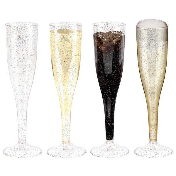 Plastic Champagne Glasses with Rose Gold Glitter, 100-Pack Disposable or Reusable Large Champagne Flutes, 7 oz