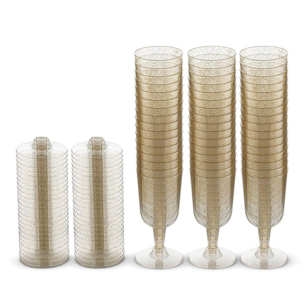 50 Gold Glitter Disposable Dessert Cups | 6 oz. Clear Hard Plastic Fancy Wine Cups for Parties & Weddings (50-Pack) by Bloomingoods